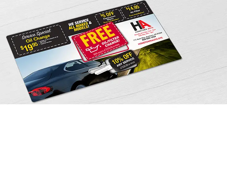 Automotive Service Oil Change oversize AcclaimMailer™ direct mail plastic postcard with credit card size and key shape pop-out cards