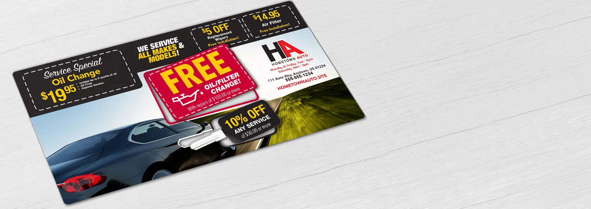 Automotive Service Oil Change oversize direct mail plastic postcard with credit card size and key shape pop-out cards