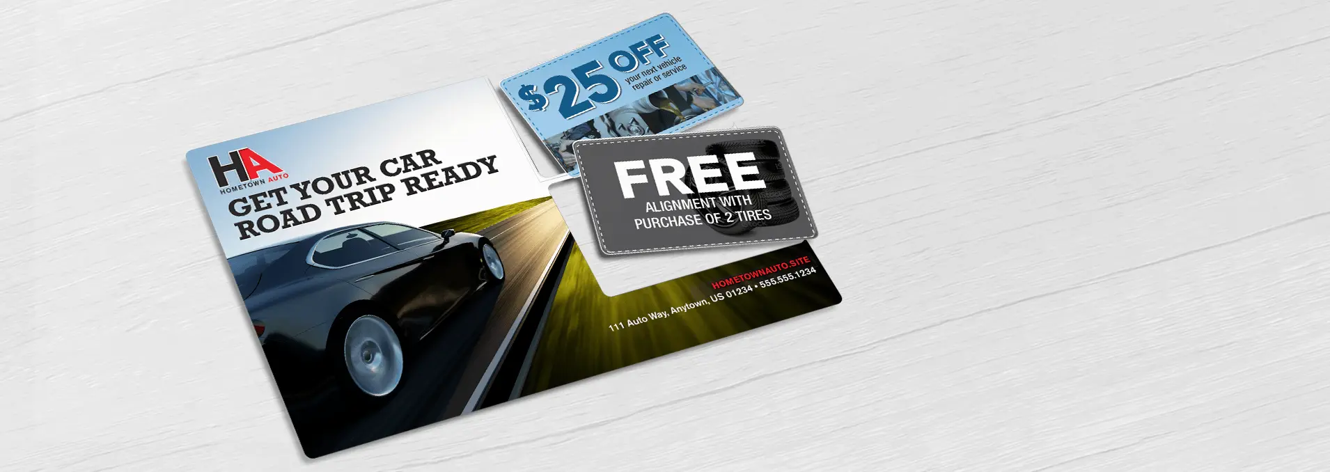 Automotive Service Oil Change direct mail plastic postcard with two break-off discount cards