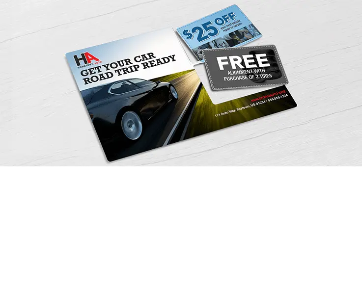 Automotive Service Oil Change direct mail plastic postcard with two break-off discount cards