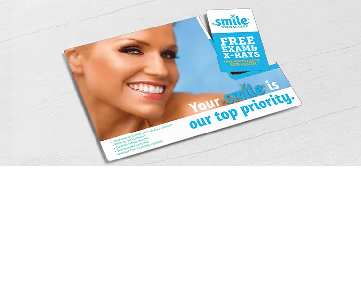 Dental jumbo direct mail plastic postcard with one break-off discount card