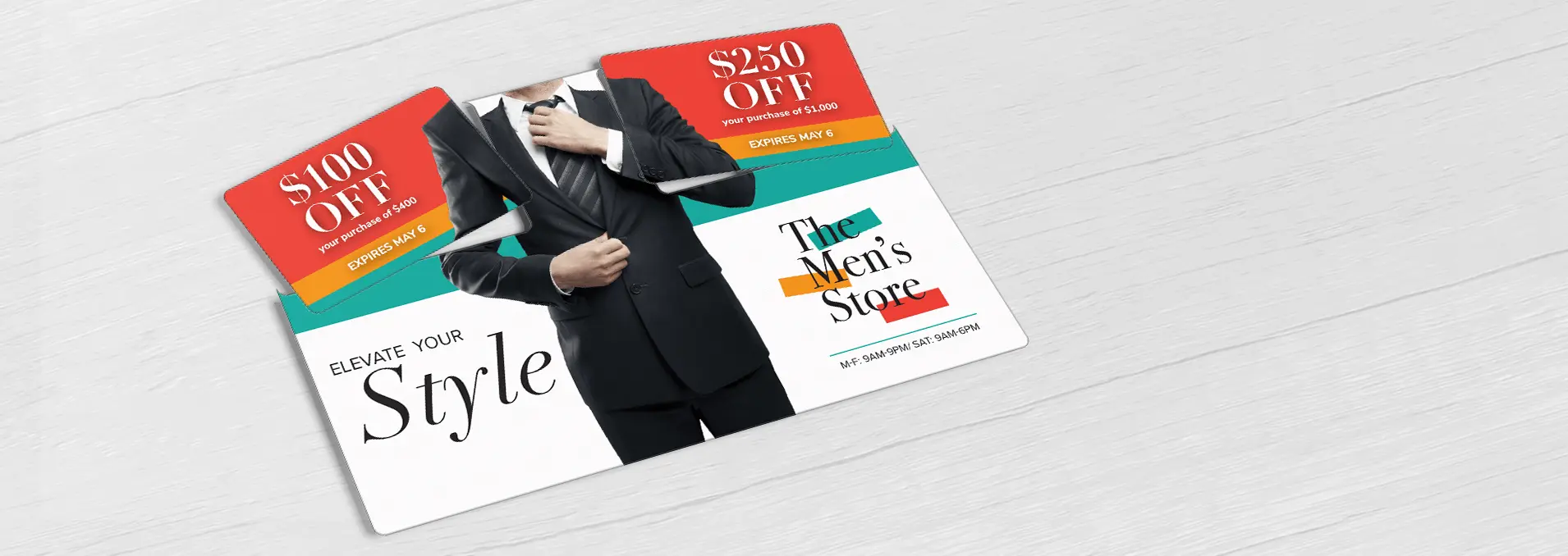 Men’s retail store direct mail plastic postcard with two break-off discount cards