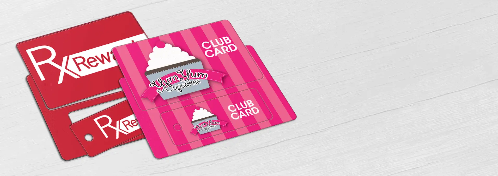 Pharmacy RX rewards and Cup Cake bakery loyalty cards single card and key tag combo style