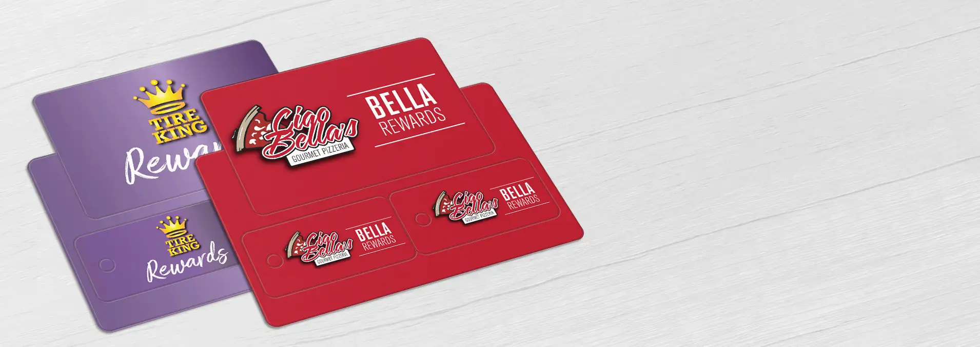 Automotive Tire Shop and Pizzeria Restaurant loyalty card with two key tags