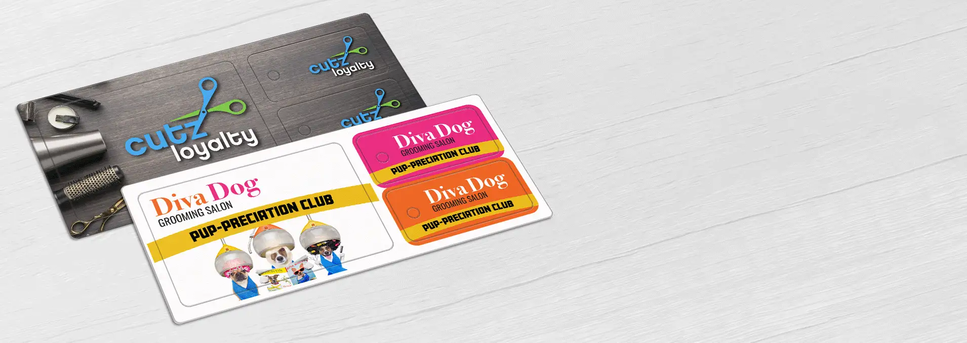 Loyalty card for a hair salon and dog grooming salon, featuring two key tags.