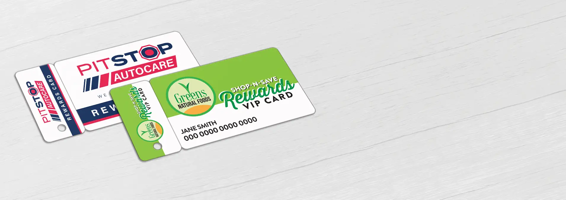 Loyalty card for an automotive service and grocery store, featuring a detachable key tag.