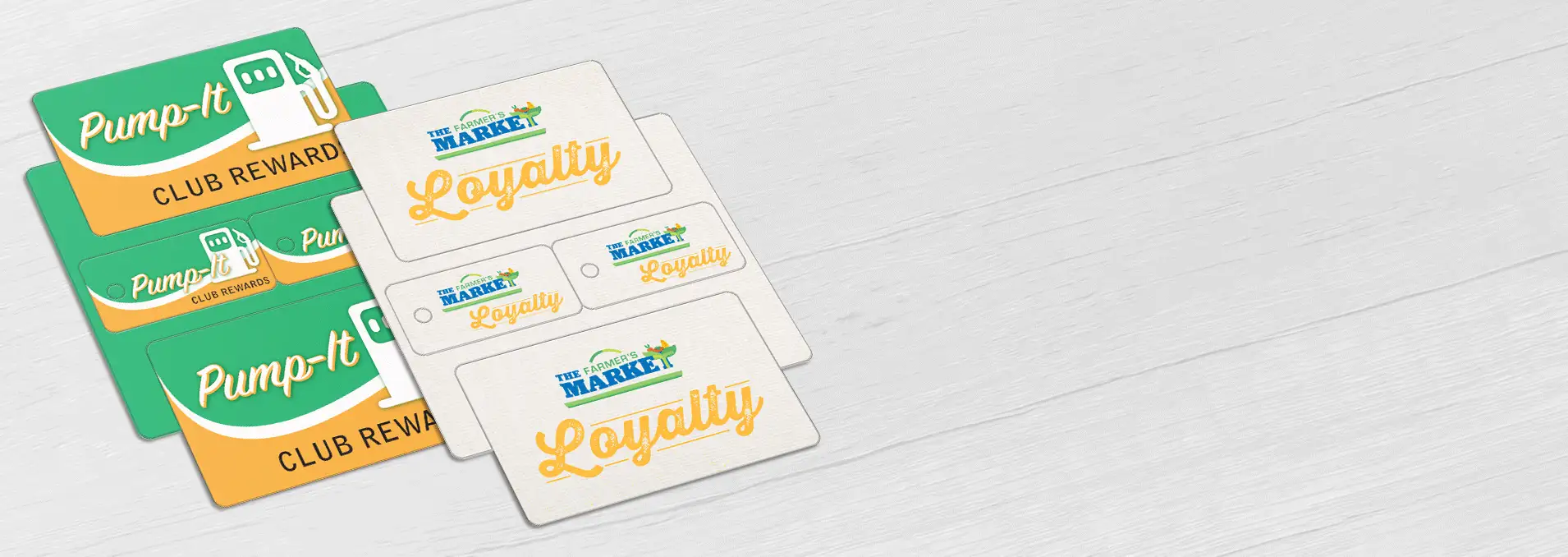 Loyalty card combo for a gas station and supermarket, including two wallet cards and two key tags.