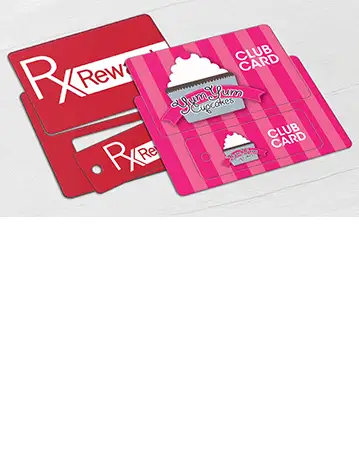 Pharmacy RX rewards and Cup Cake bakery loyalty cards single card and key tag combo style