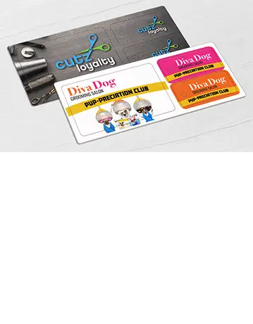 Loyalty card for a hair salon and dog grooming salon, featuring two key tags.