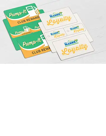 Loyalty card combo for a gas station and supermarket, including two wallet cards and two key tags.