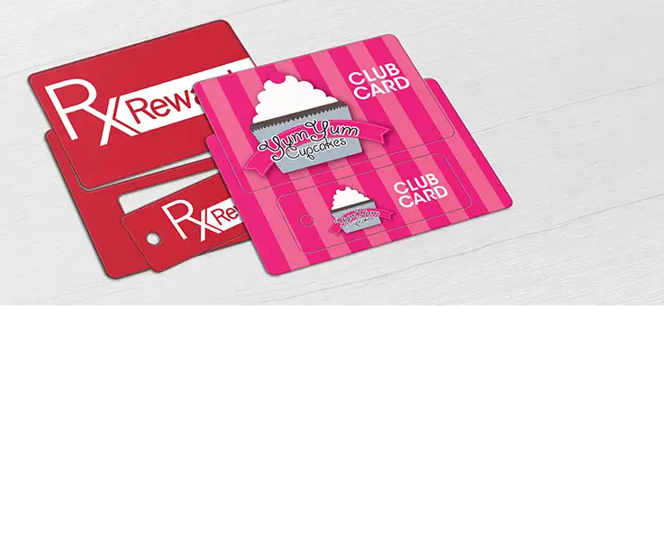 Pharmacy RX rewards and Cup Cake bakery loyalty cards single card and key tag combo style