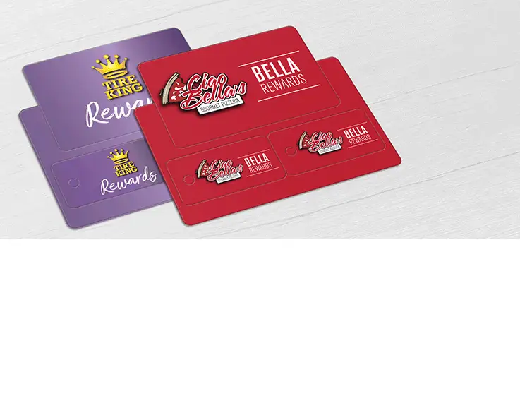 Automotive Tire Shop and Pizzeria Restaurant loyalty card with two key tags