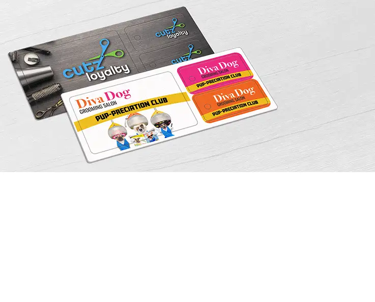 Loyalty card for a hair salon and dog grooming salon, featuring two key tags.