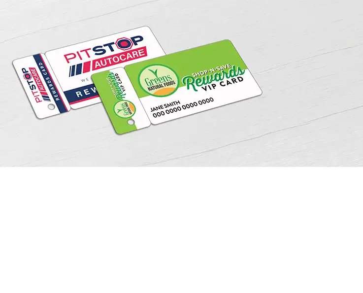 Loyalty card for an automotive service and grocery store, featuring a detachable key tag.