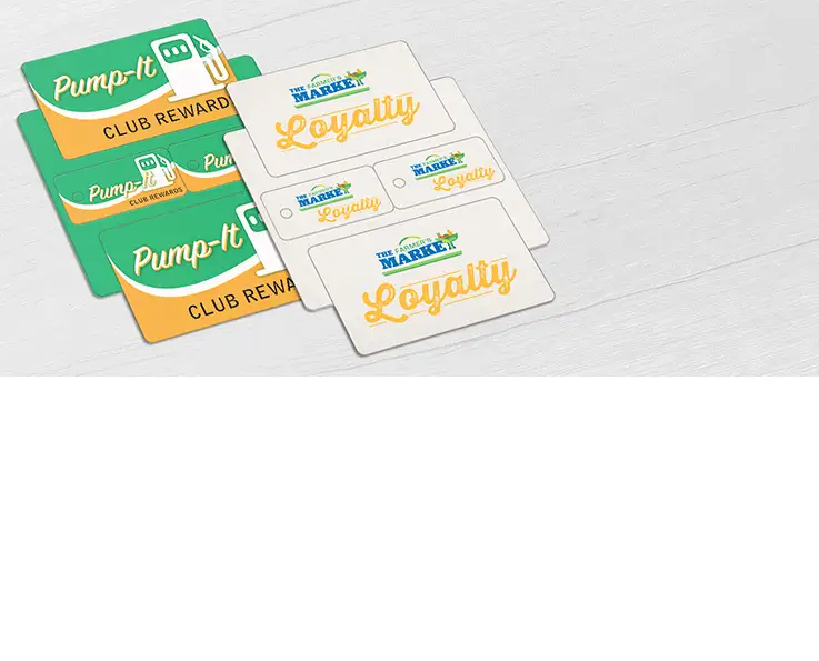 Loyalty card combo for a gas station and supermarket, including two wallet cards and two key tags.