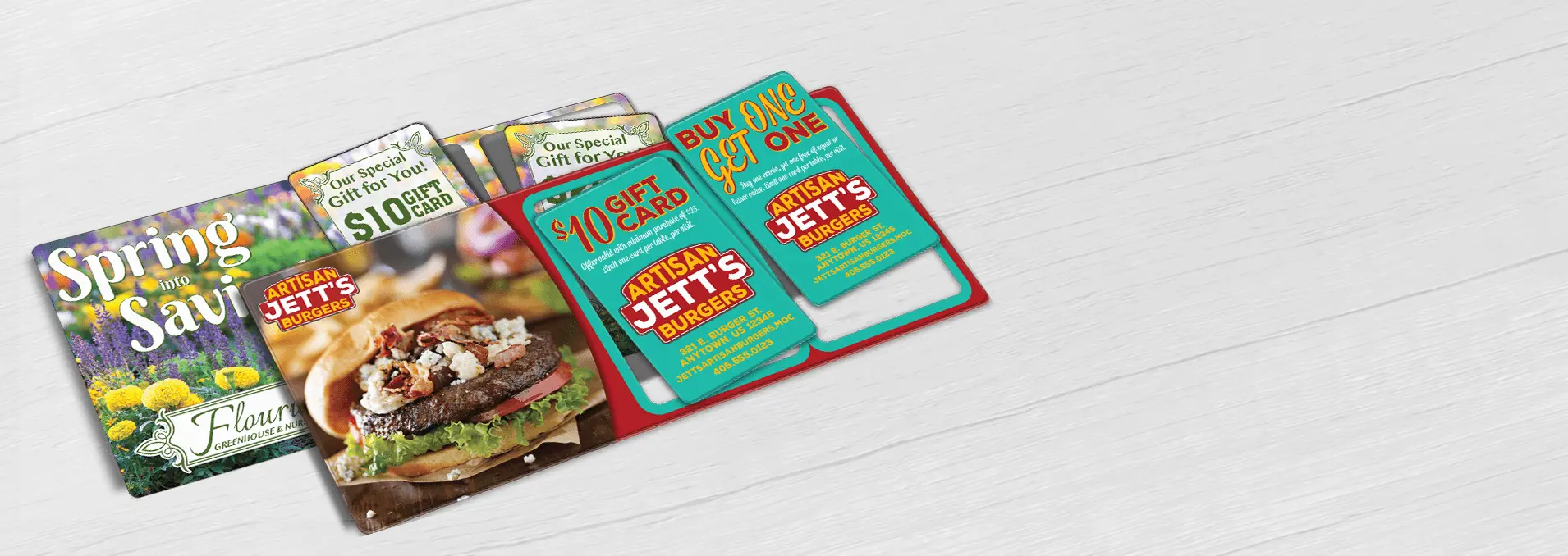 Greenhouse garden center direct mail plastic postcard and Burger Restaurant direct mail plastic postcard with 2 break-off discount cards