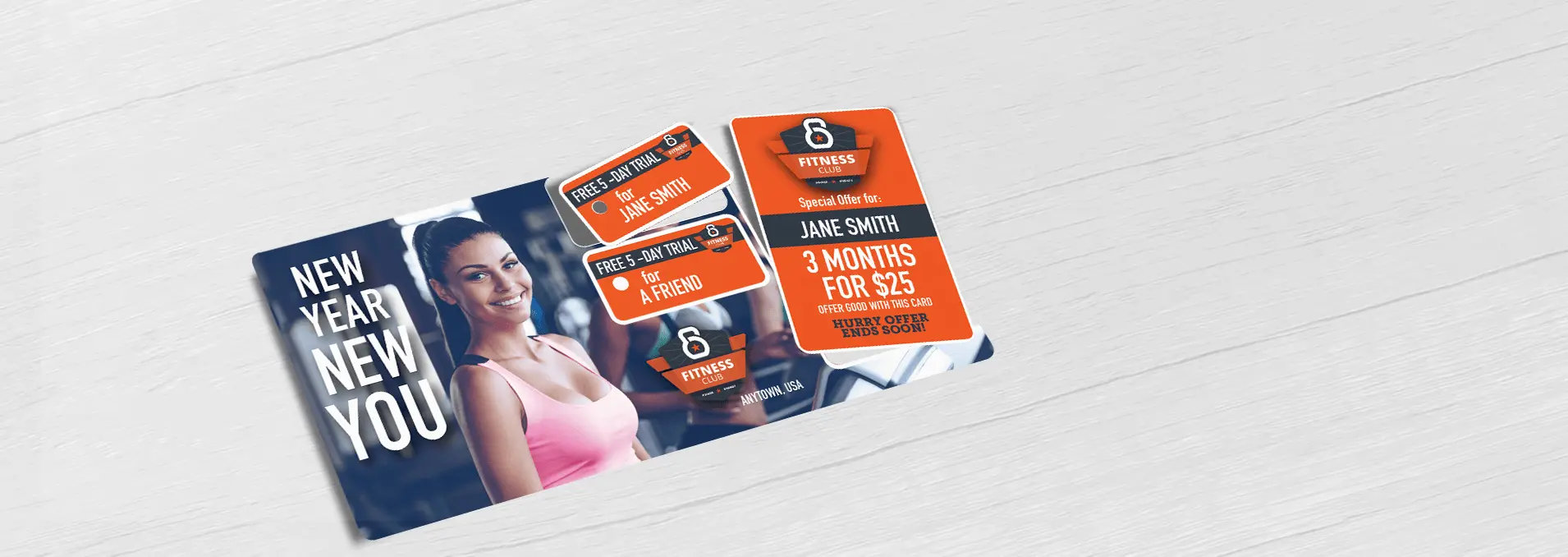 Gym, fitness center, health club direct mail plastic postcard with two key tag and single break-off discount card