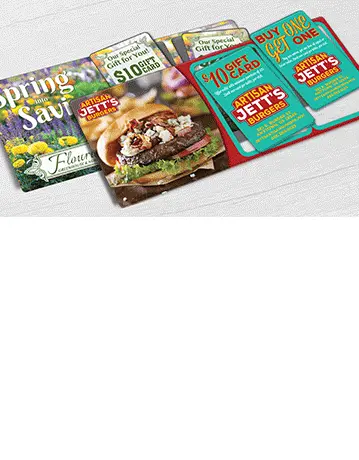 Greenhouse garden center direct mail plastic postcard and Burger Restaurant direct mail plastic postcard with 2 break-off discount cards