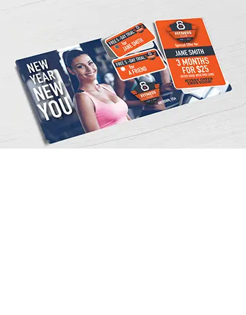 Gym, fitness center, health club direct mail plastic postcard with two key tag and single break-off discount card