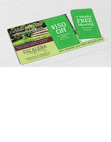 Landscaping Company mid-size direct mail plastic postcard with two break-off discount cards