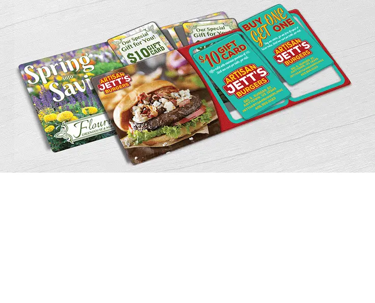 Greenhouse garden center direct mail plastic postcard and Burger Restaurant direct mail plastic postcard with 2 break-off discount cards