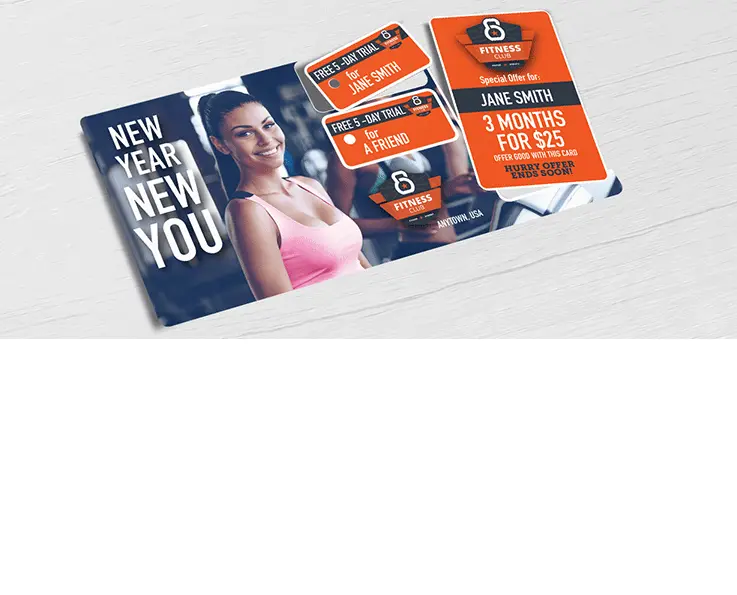 Gym, fitness center, health club direct mail plastic postcard with two key tag and single break-off discount card