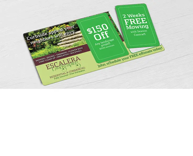 Landscaping Company mid-size direct mail plastic postcard with two break-off discount cards