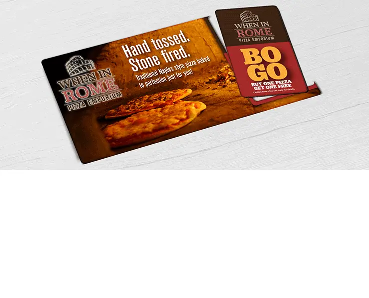 Pizza Restaurant mid-size direct mail plastic postcard with single break-off discount card