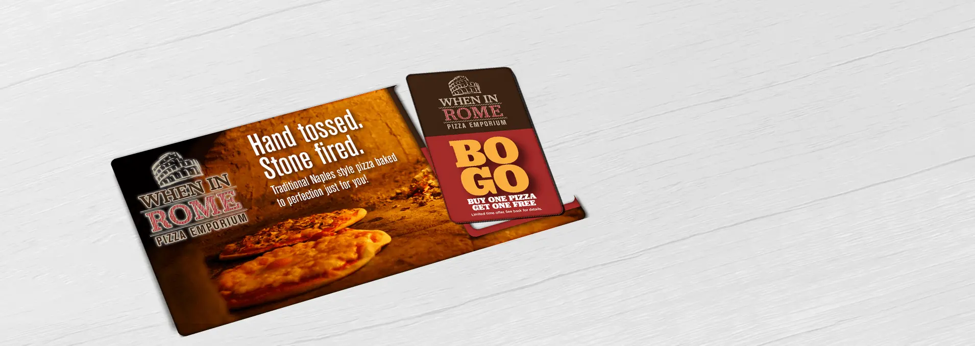 Pizza Restaurant mid-size direct mail plastic postcard with single break-off discount card