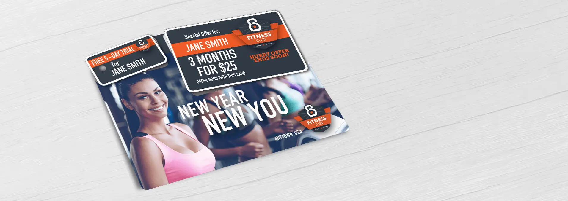 Gym, fitness center, health club direct mail plastic postcard with key tag and break-off discount card