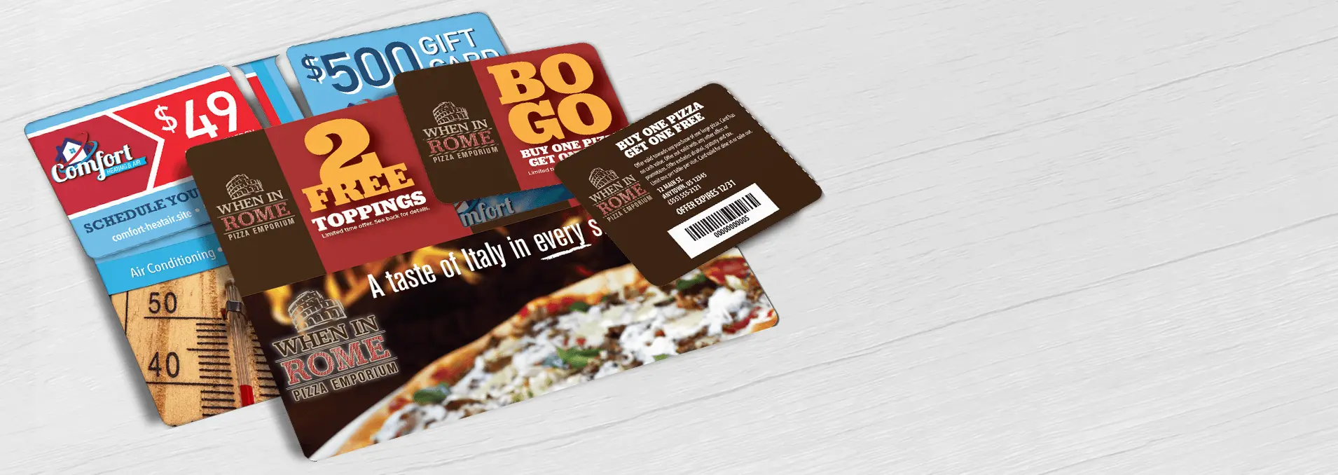 HVAC direct mail plastic postcard and Pizza Restaurant direct mail plastic postcard with 2 break-off discount cards