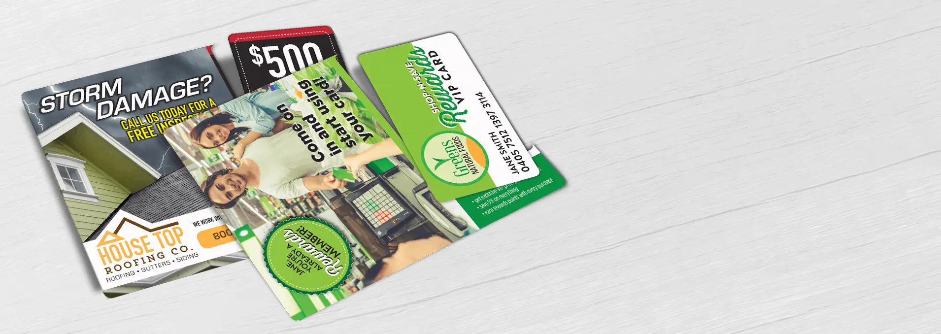 Roofing direct mail plastic postcard and Grocery direct mail plastic postcard with single vertical break-off card