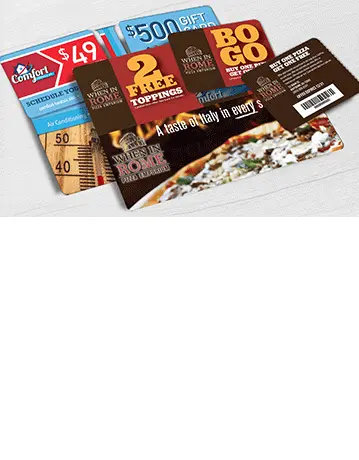 HVAC direct mail plastic postcard and Pizza Restaurant direct mail plastic postcard with 2 break-off discount cards