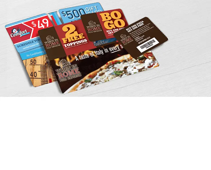 HVAC direct mail plastic postcard and Pizza Restaurant direct mail plastic postcard with 2 break-off discount cards