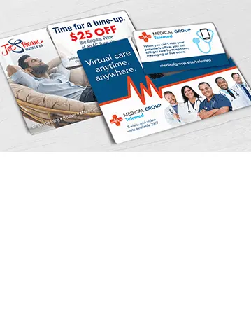 HVAC direct mail plastic postcard and Tele-medicine direct mail plastic postcard with a single break-off discount card