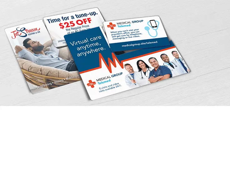 HVAC direct mail plastic postcard and Tele-medicine direct mail plastic postcard with a single break-off discount card