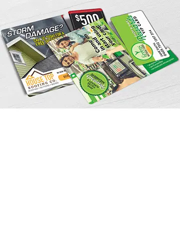 Roofing direct mail plastic postcard and Grocery direct mail plastic postcard with single vertical break-off card