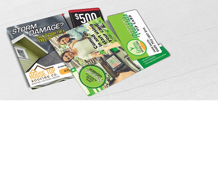 Roofing direct mail plastic postcard and Grocery direct mail plastic postcard with single vertical break-off card